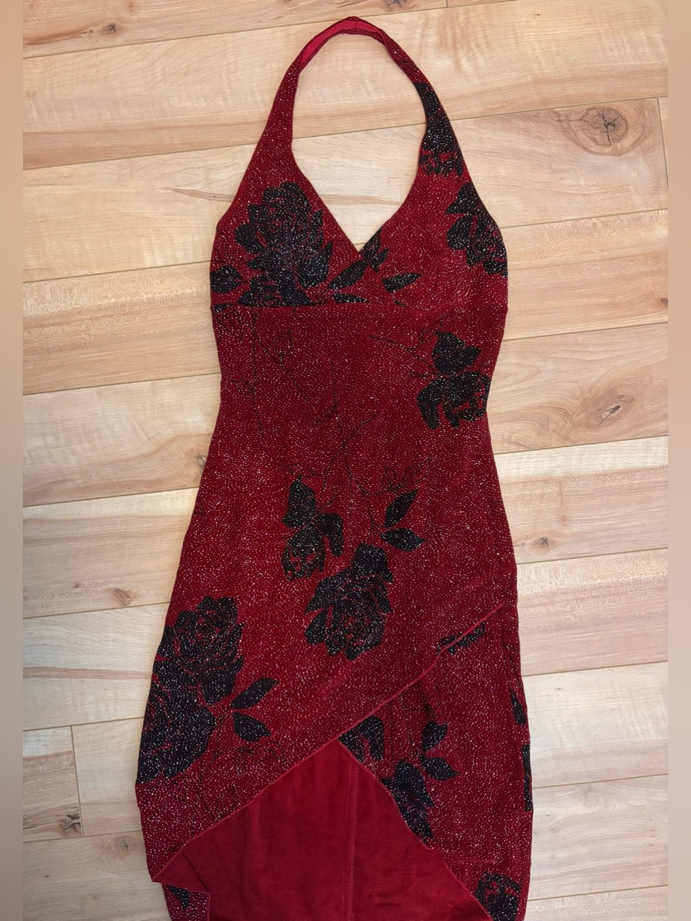 Vintage Y2K Red Floral Sparkle Asymmetrical Halter Dress